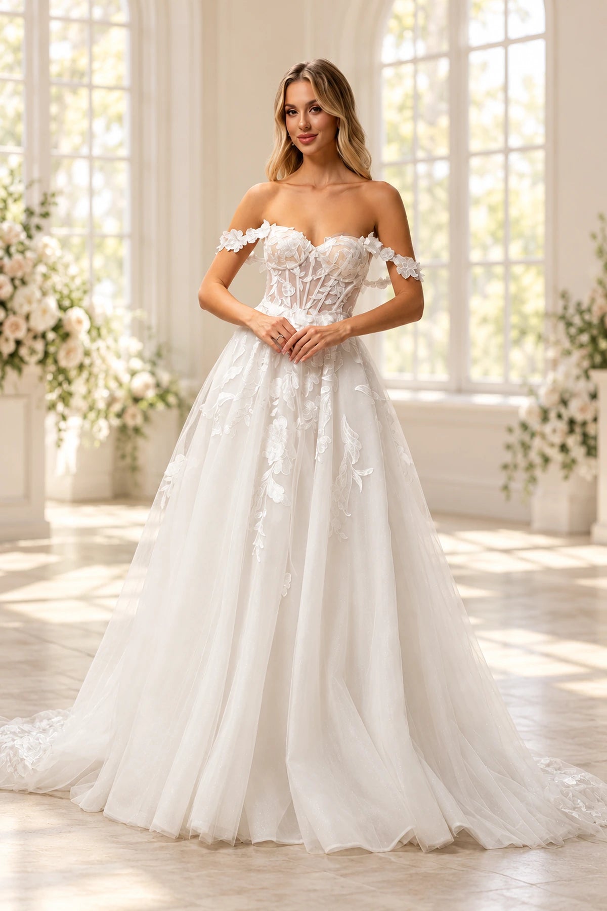 Vedress tulle A-line wedding dress with a sweetheart neckline, floral off-shoulder bands, sheer corset bodice and lace appliques, front view.